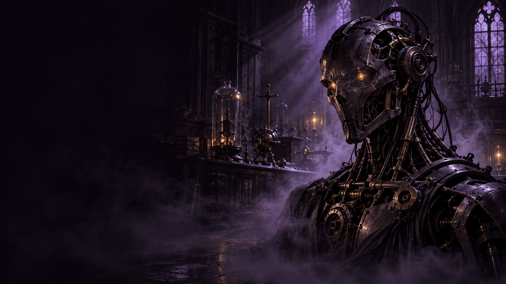 A robot awakens in a violet-lit laboratory